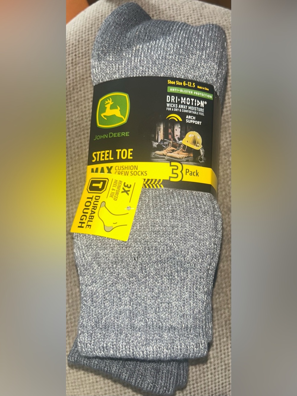 John Deere Men's Socks, Steele Toe Max Cushion Crew Socks, 3-Pack
